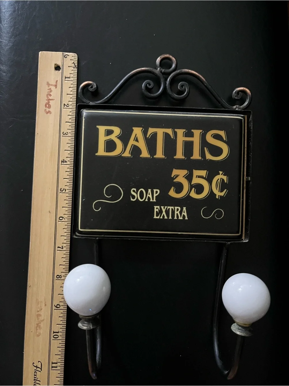 Vintage Metal Ceramic Tile 'Baths' Wall Hook with White Knobs